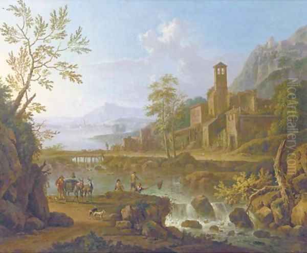 An Italianate river landscape with a muleteer and anglers, a hilltop town beyond Oil Painting by Jan Van Huysum