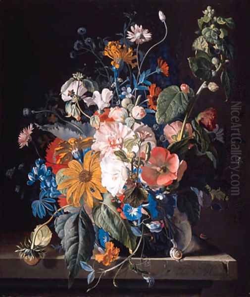 Poppies, hollyhock, morning glory, viola, daisies, sweet pea, marigolds and other flowers in a vase with a snail on a ledge Oil Painting by Jan Van Huysum