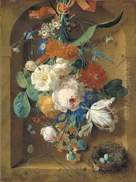 A festoon of flowers hanging from a red ribbon in a stone niche with a bird's nest Oil Painting by Jan Van Huysum