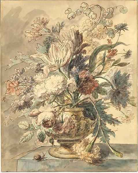 Flowers in a terracotta urn on a marble ledge, a snail to the left Oil Painting by Jan Van Huysum