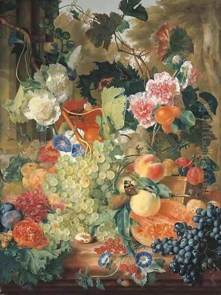 Green grapes on the vine with morning glory, pink and white hollyhocks, a red opium poppy, a walnut, hazelnuts, a split melon, a pomegranate Oil Painting by Jan Van Huysum