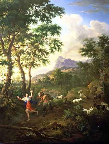 An Arcadian Landscape with Pan and Syrinx Oil Painting by Jacob De Heusch