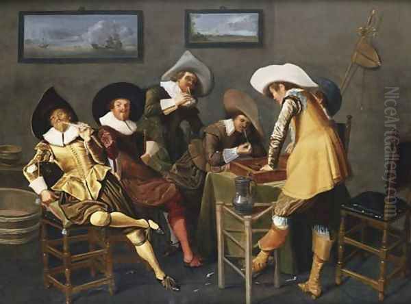 Gentlemen Smoking and Playing Backgammon in an Interior Oil Painting by Dirck Hals