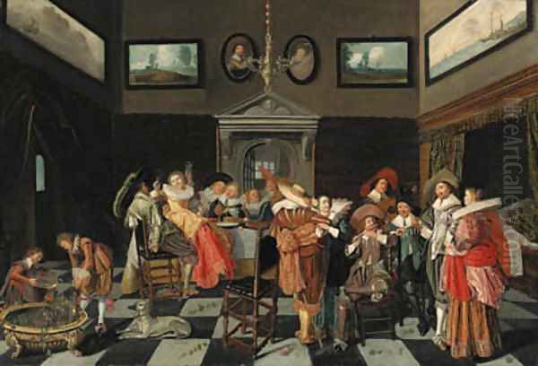 Elegant company making music and carousing in an interior Oil Painting by Dirck Hals