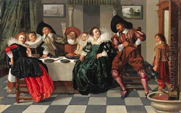 Elegant company at table in an interior Oil Painting by Dirck Hals