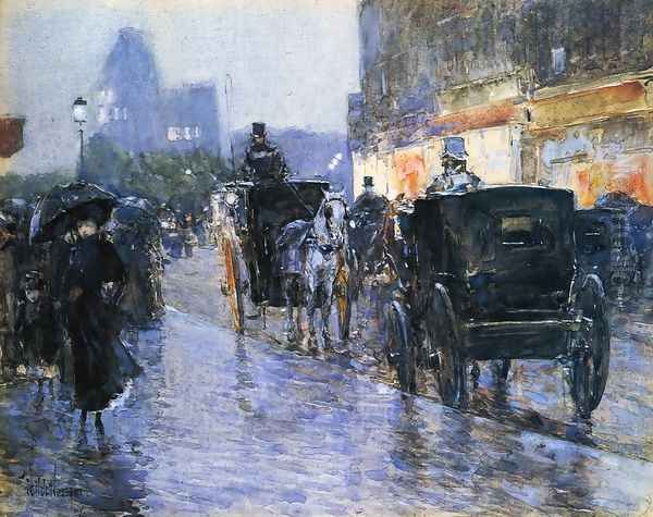 Horse Drawn Cabs at Evening, New York Oil Painting by Frederick Childe Hassam