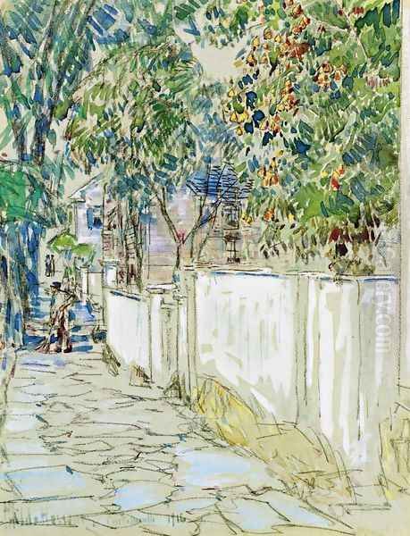 Flagstone Sidewalk, Portsmouth, New Hampshire Oil Painting by Frederick Childe Hassam