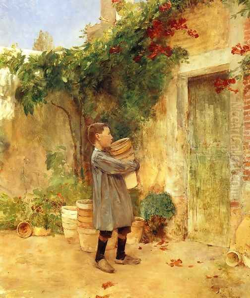 Boy with Flower Pots Oil Painting by Frederick Childe Hassam