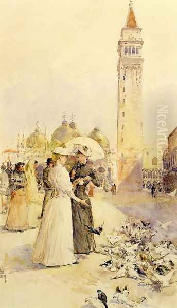 Feeding Pigeons in the Piazza Oil Painting by Frederick Childe Hassam