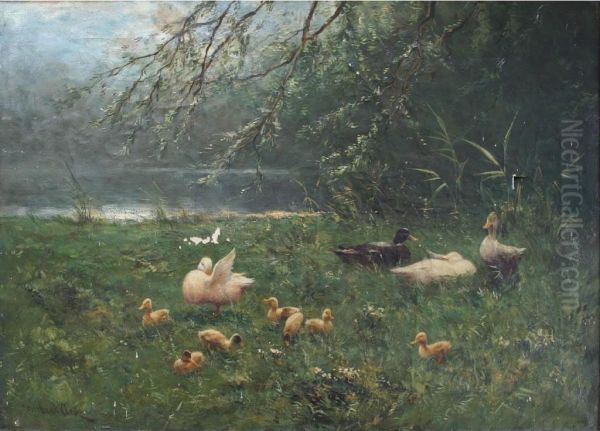 Ducks And Ducklings By A Pool Oil Painting by David Adolf Constant Artz