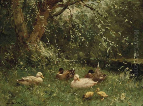 Ducks And Ducklings At A Riverside Oil Painting by David Adolf Constant Artz