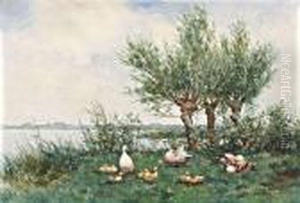 Eendenfamilie Bij Wilgenbomen Aan De Waterkant Oil Painting by David Adolf Constant Artz