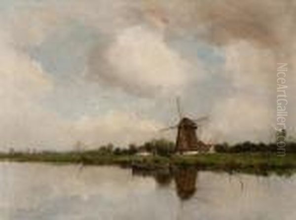 View Of A Mill In A Polderlandscape Oil Painting by David Adolf Constant Artz