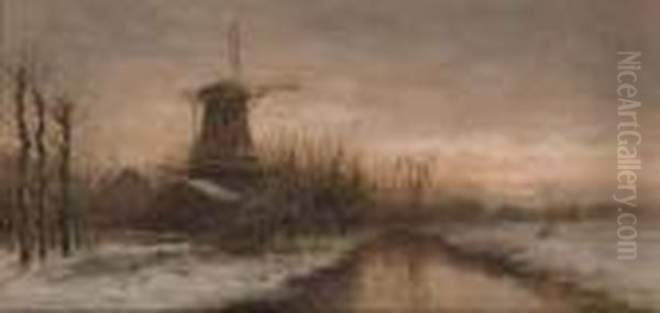 A Windmill In Winter Oil Painting by David Adolf Constant Artz