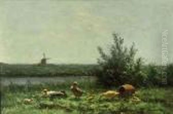 Ducks Along The Waterfront, A Windmill Beyond by David Adolf Constant Artz