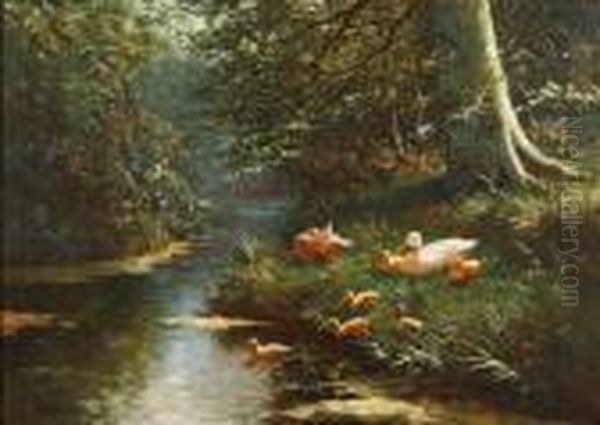 Ducks On A Sunlit River Bank Oil Painting by David Adolf Constant Artz