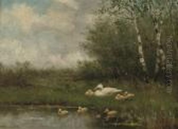 Ducks By A Pond Oil Painting by David Adolf Constant Artz