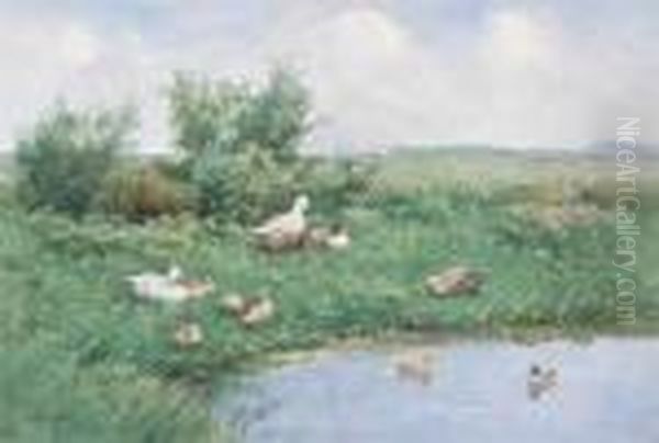 Ducks By A Pond Oil Painting by David Adolf Constant Artz