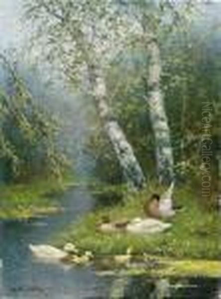 Ducks In A Birch Tree-lined Brook Oil Painting by David Adolf Constant Artz