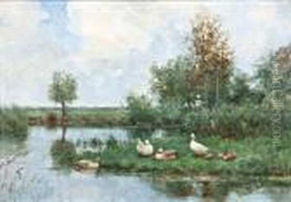 Eenden En Kuikens Aan De Waterkant Oil Painting by David Adolf Constant Artz