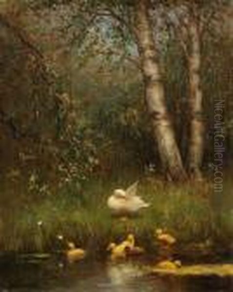 Entenfamilie An Einem Teich by David Adolf Constant Artz