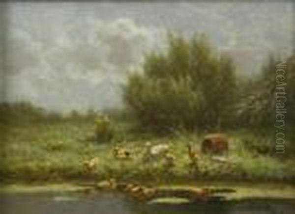 Ducks And Ducklings By Thewaterside Oil Painting by David Adolf Constant Artz