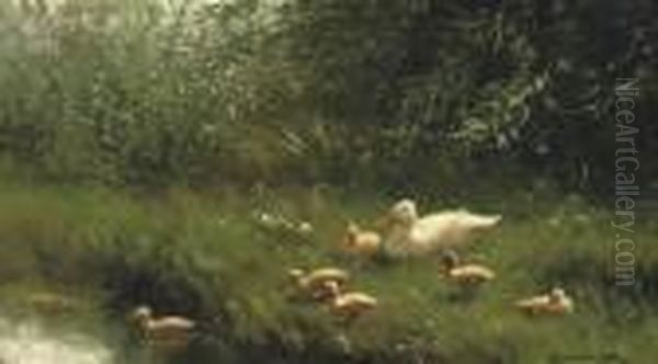 Mother Duck And Her Ducklings Near A Pond Oil Painting by David Adolf Constant Artz