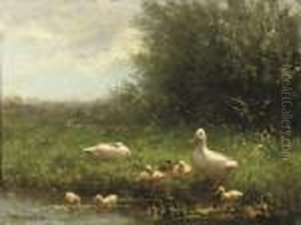 Ducklings On A Riverbank Oil Painting by David Adolf Constant Artz