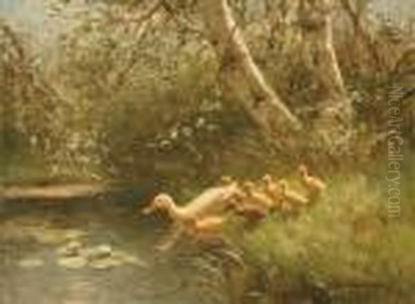 Mother Duck And Her Ducklings Oil Painting by David Adolf Constant Artz