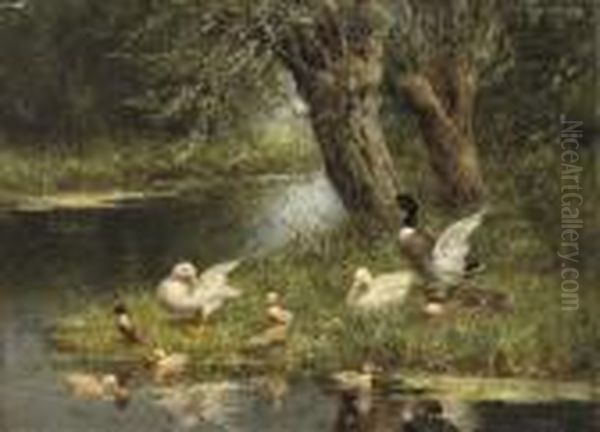 A Duck Family Near The Pond Oil Painting by David Adolf Constant Artz