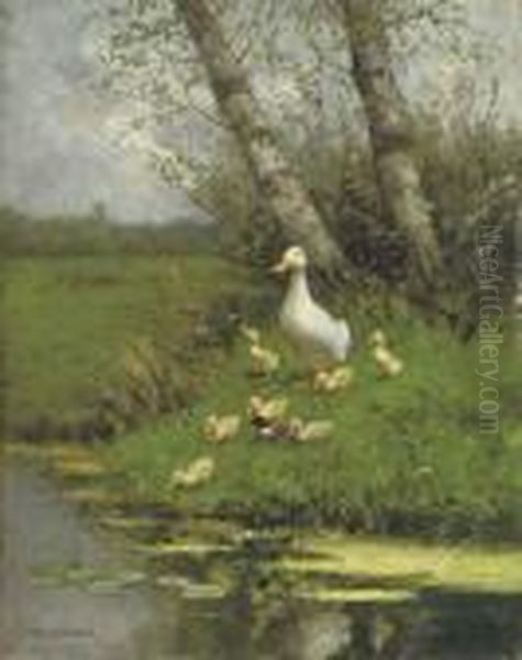 Motherduck With Her Ducklings At The Waterfront Oil Painting by David Adolf Constant Artz