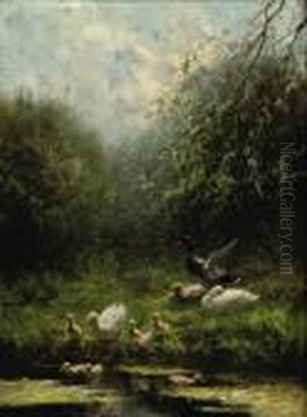 Ducks Entering The Pond by David Adolf Constant Artz