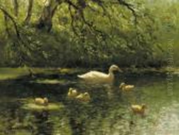 Mother Duck And Her Ducklings Oil Painting by David Adolf Constant Artz