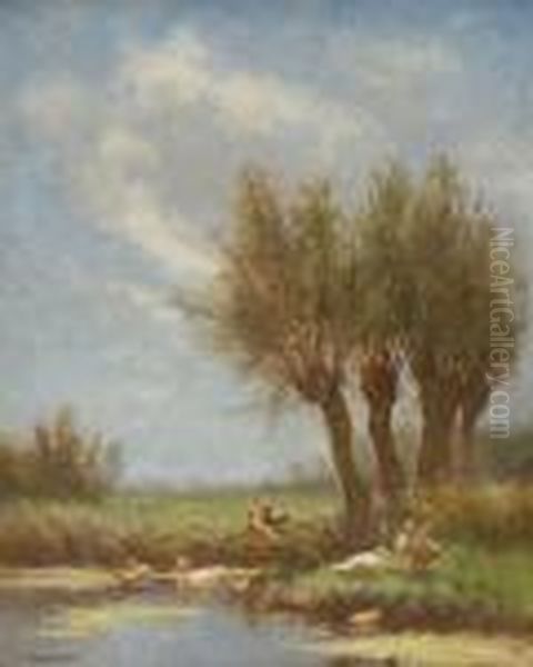 Polderlandschap Met Eendenfamilie Aanhet Water Oil Painting by David Adolf Constant Artz