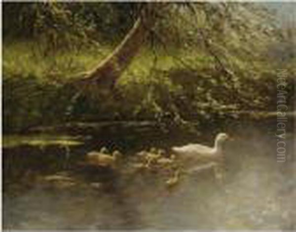 Ducklings On The Water Oil Painting by David Adolf Constant Artz