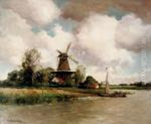 A Windmill Along A River Oil Painting by David Adolf Constant Artz