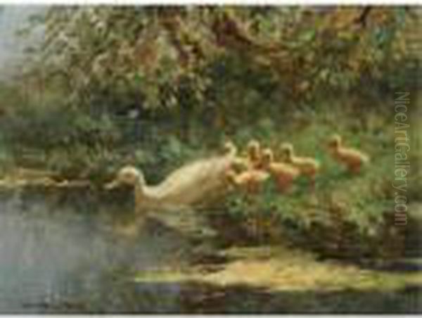 Ducks With Ducklings Near The Waterside Oil Painting by David Adolf Constant Artz