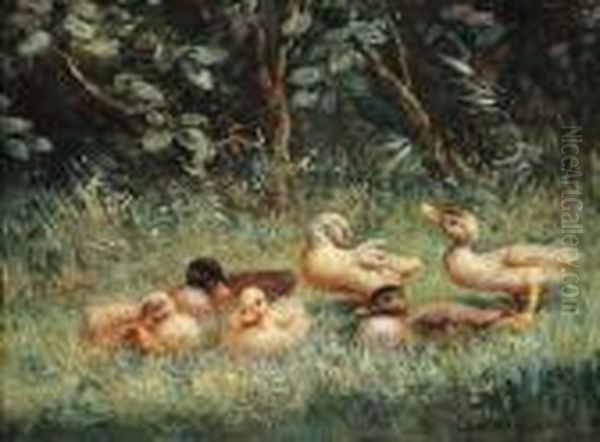 Sechs Entenkuken Im Gras Oil Painting by David Adolf Constant Artz