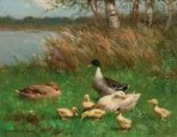 A Duck Family By A Pond Oil Painting by David Adolf Constant Artz