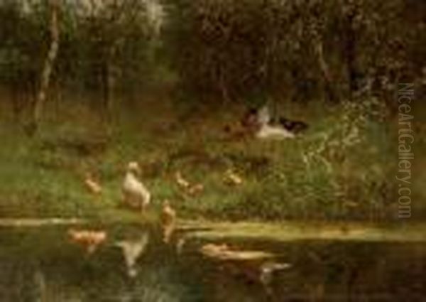 Ducks And Ducklings On A Riverbank Oil Painting by David Adolf Constant Artz