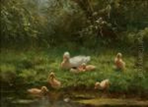 Mother Duck With Her Ducklings Oil Painting by David Adolf Constant Artz