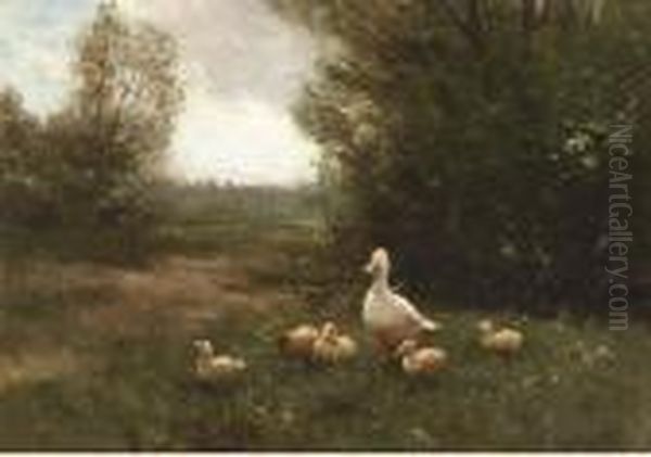 A Duck With Her Ducklings Oil Painting by David Adolf Constant Artz