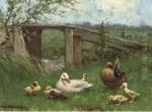 Ducks Near A Bridge Oil Painting by David Adolf Constant Artz