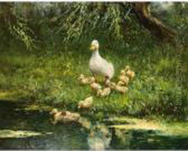 Duck With Ducklings On The Riverbank Oil Painting by David Adolf Constant Artz