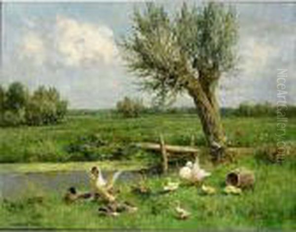 Ducks On The Riverbank Oil Painting by David Adolf Constant Artz