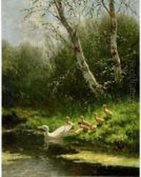 Duck With Ducklings Watering Oil Painting by David Adolf Constant Artz