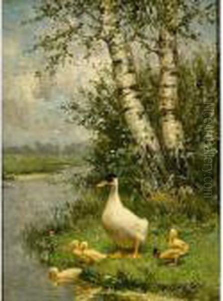 A Duck With Her Ducklings On The Riverbank Oil Painting by David Adolf Constant Artz