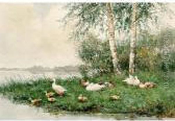 Duck With Ducklings Near The Waterside Oil Painting by David Adolf Constant Artz