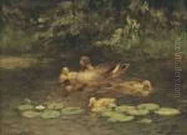 A Duck And Her Chicks On A Pond Oil Painting by David Adolf Constant Artz