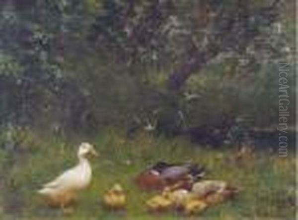 A Duck Family Near A Stream Oil Painting by David Adolf Constant Artz